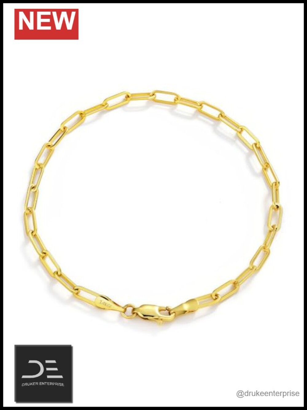 14K Gold Paperclip Bracelet 3-5mm Chain for Women Men